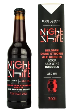 Brauerei Night Shift Vintage 2021 Belgian Dark Strong Ale aged in red wine barrels.